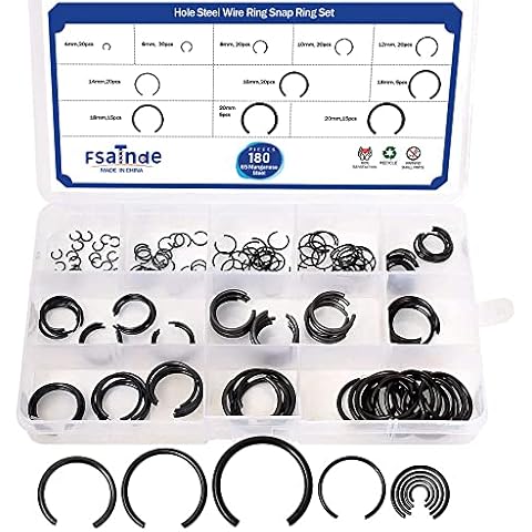 GB895.1 65Mn Φ4-Φ20 Hole Steel Wire Ring Snap Ring Set,Bearing Stop Ring Assortment Kit,Mix Round Wire Snap Rings for Holes,180Pcs Cover