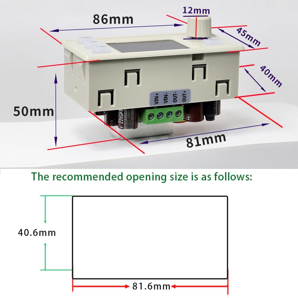 Dimensions of the DONGKER XY-6506X Buck Module and recommended panel opening size.