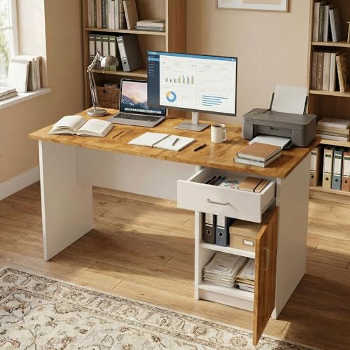 Image of FFO Wooden Computer Table with Storage - Study Desk for Students & Adults, Writing Table, Laptop Desk, Office Work Table for Home, White & Coach Wood DIY Assembly