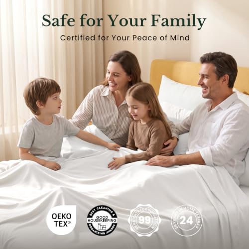 Image of THXSILK Silk Sheet Set 4 Pcs, King Size Sheet Set, Soft Breathable Cooling Bed Sheets with 1 Flat Sheet, 1 Fitted Sheet, 2 Pillowcases with Zipper Closure, White