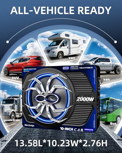 Image of 2000W 10 Inch Underseat Car Subwoofer and Amp Package, Slim Powered Under Seat Sub with Built-in Class D Amp and DSP, Blue LED Switch, Low Pass Filter, Bass Boost for Truck SUV