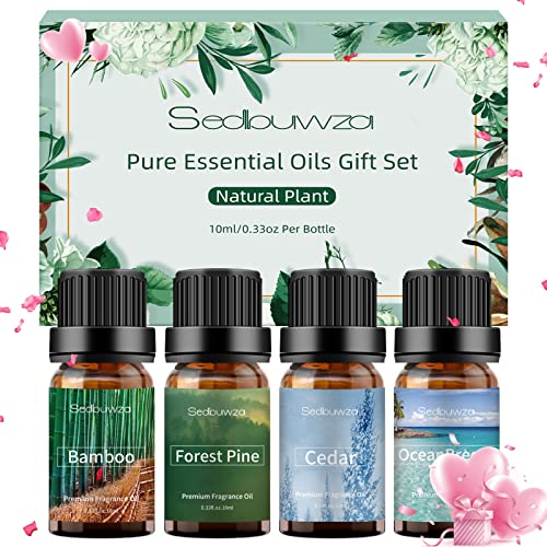 Sedbuwza Essential Oils Gift Set - 4 Pack Organic Diffuser Oil for Home Care, Candle Making, Humidifiers - Forest Pine, Cedar, Bamboo, Sea Breeze Aromatherapy Oil Kit