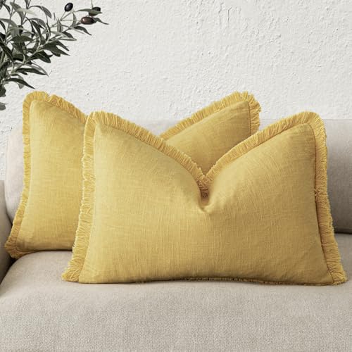 Image of Foindtower Set of 2 Decorative Linen Fringe Lumbar Throw Pillow Covers Boho Farmhouse Cushion Cover with Tassels Soft Accent Pillowcase for Couch Sofa Living Room Home Decor,12x20 Inch,Ginger Yellow