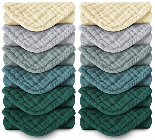 Image of Spotted Play Muslin Burp Cloths 100% Cotton Large 20''x10'' Extra Soft and Absorbent Baby Wash Cloths Spit Up Rags - Baby Burping Cloth for Boys Girls Items(12 Pack Ivory, Slate and Emerald Series)