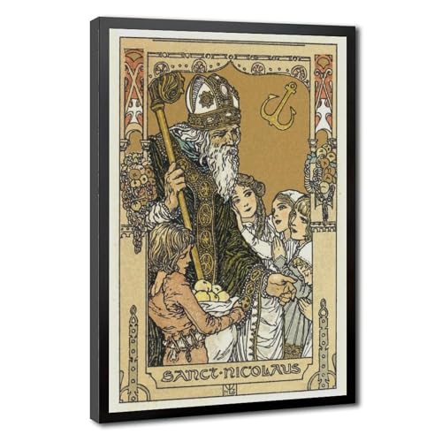 Toile Saint Nicolas Heinrich Lefler avec cadre suspendu en bois fin 30,5x45,7 cm