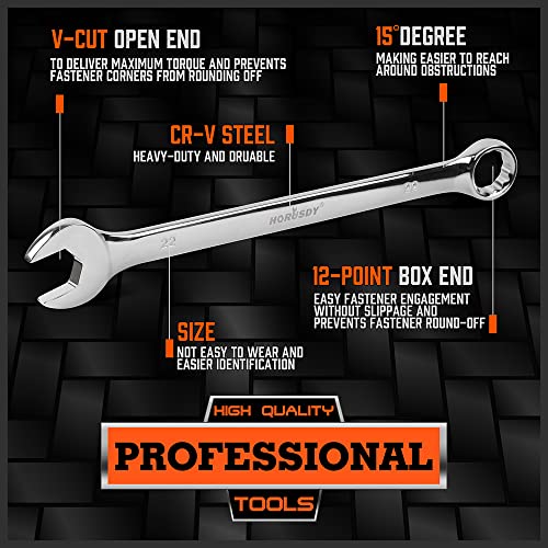 Horusdy 15-Piece Metric Wrench Sets, V Notch Premium Combination Wrench Set Metric 8-22Mm, Max Torque, 12-Point, Chrome Vanadium Steel, With Storage Rack #TOP6