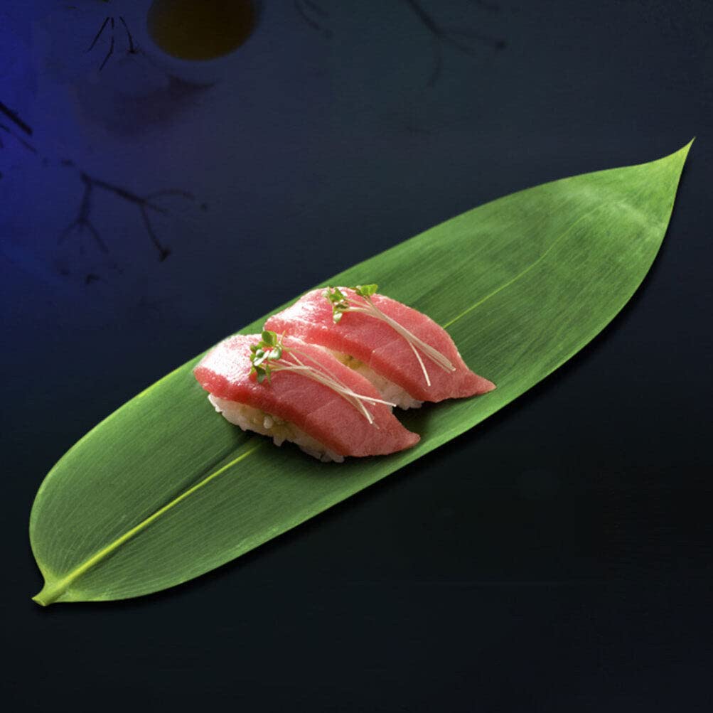 Ipetboom 100pcs Sushi Bamboo Leaves Japanese Food Mat Sashimi Leaf Decor Leaf Ornament Fake Leaf Sushi Decor Fake Leaves for Dish Sushi Serving Bamboo Leaf Sashimi Leaves Decor Leaves Mat