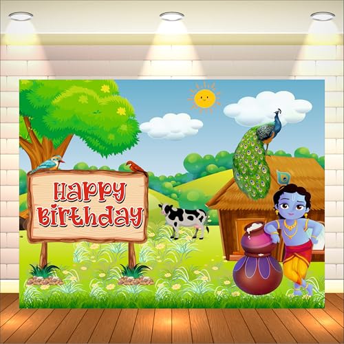 Image of Little Krishna Birthday Backdrop 4x3 Ft | Backdrops for Decoration | Birthday Decoration Backdrop | Banner for Kids Theme Party