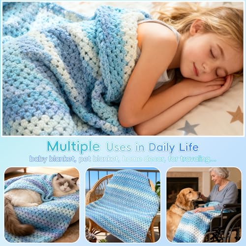 Image of Aeelike Blanket Crochet Kit for Beginners, Super Easy Crochet Blanket Kit with Soft & Colorful Gradient Yarns Detailed Video Tutorials Crocheting Accessories, Aurora Blue Gradient & Ideal Gift