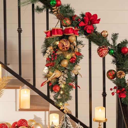 Valery Madelyn Pre-Lit Christmas Teardrop Swag for Decorating Outdoor, 24 Inch Mailbox Swag Decoration with 20 LED Lights, Red Gold Ball Ornament for Front Door Stairway Window Shelf Xmas Home Decor - Image 4