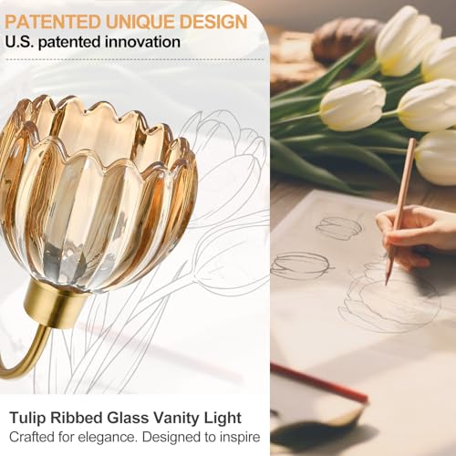 Image of 4-Light Bathroom Light Fixtures, 27 inch Brushed Gold Vanity Lights for Bathroom with Ribbed Amber Tulip Glass Shade, Vintage Bathroom Vanity Lighting Fixtures Over Mirror for Bedroom Living Room Hallway
