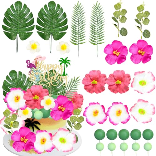 Gyufise Paquete de 27 adornos de flores para tartas de flamenco hawaiano, decoraciones para tartas de feliz cumpleaños, hojas de palma, bolas de hibisco para Hawaii, Aloha, selva, tema de verano, boda