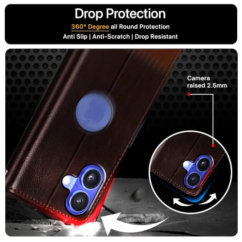 Image of FLIPPED Vegan Leather Flip Case Back Cover for iPhone 16 (Flexible, Shock Proof | Hand Stitched Leather Finish | Card Pockets Wallet & Stand | Coffee with Brown)