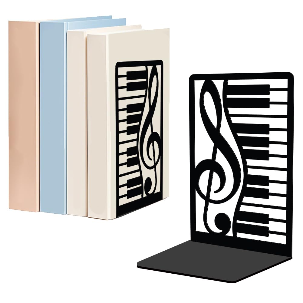 WADORN 1 Pair Piano Musical Notes Metal Decorative Bookends, Music Note Heavy Duty Decorative Book Ends Non-Skid Black Book Holder Stopper for Library Home Office Back to School, 5.3x4.3x7.9 Inch