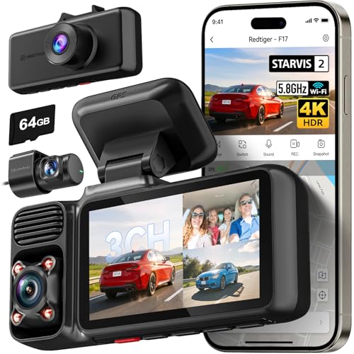 REDTIGER F17 4K 3 Channel Dash Cam, STARVIS 2 IMX675 HDR, 2160P+1080P+1080P Front Inside and Rear...