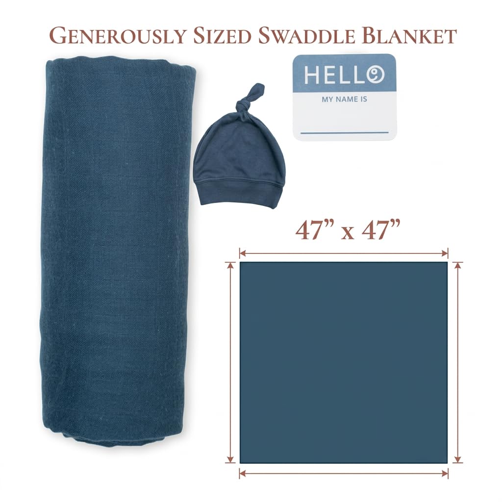 Lulujo Set aus Babymütze und Wickeldecke, ultraweiche Mütze, seidig weicher Bambus-Musselin-Wickeltuch, Neugeborene, Mädchen und Jungen, Marineblau