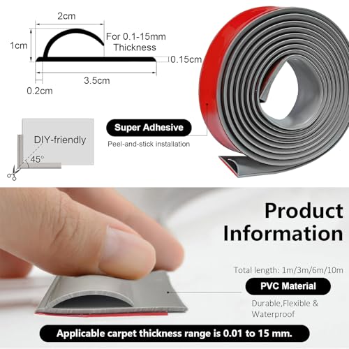Flexibel PVC Übergangsprofil Selbstklebend Teppiche Kante - Schneidbare Teppich und Boden Übergangsleiste von Teppich zu Fliese Vinylboden Laminat Abschlussleiste Abschlussprofil (Grau, 1M)