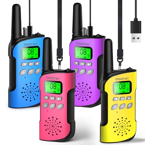 AWANFI Walkie Talkie para crianças 4 unidades, Walkie Talkie recarregável com bateria de iões de lítio, rádio de longo alcance, walkie-talkies para acampar caminhadas aventuras, presentes para
