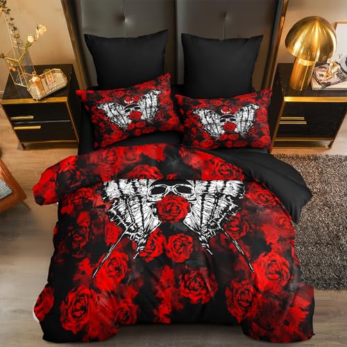 Sedefen Romantic Roses Comforter Set King Size Red Black Floral Butterfly Bedding Set Kids Boys Girls 3Pcs Gothic Moth Comforter