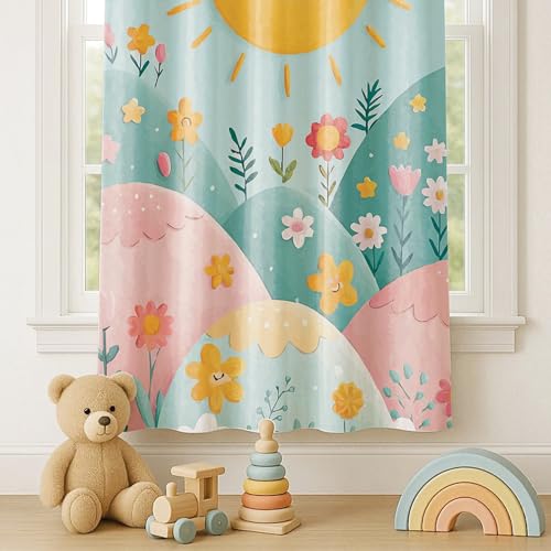 Image of STITCHNEST Velvet Kids Curtains Pack of 2 | Smiling Sun & Floral Hills Print | Semi Blackout Curtains for Nursery, Toddler & Baby Room | 7 Feet