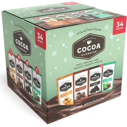 Cocoa Classics Premium Instant Hot Cocoa Variety Pack, 34 Count, Salted Caramel, Chocolate Supreme, Dark Chocolate & Mint Chocolate, Rich & Creamy Cocoa Mix, Individually Wrapped Packets