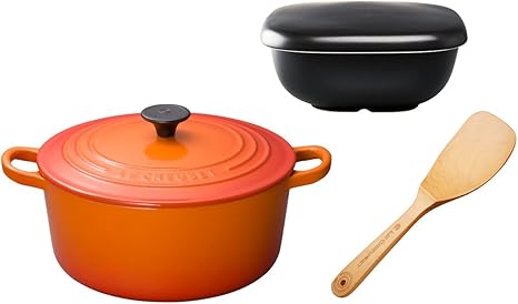 Amazon セット買い ルクルーゼ ココット ロンド ホーロー 鍋 22cm オレンジ Hario ご飯釜のおひつ 2合用 ルクルーゼ メープルウッド しゃもじ セット 両手鍋 オンライン通販