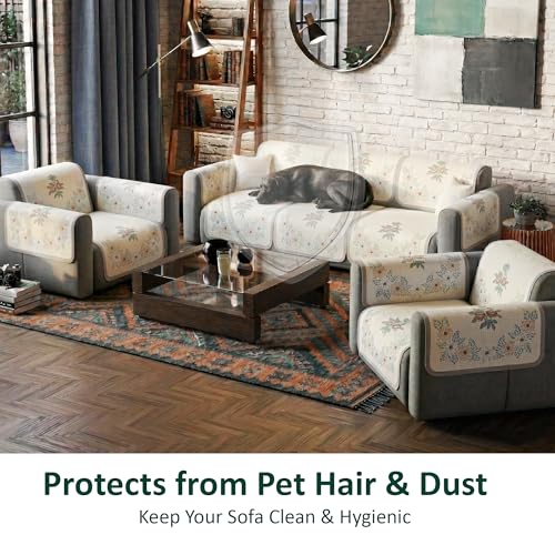 Image of Kuber Industries 5 Seater Sofa with Arm Cover | Slipcover for Living Room | Thick & Cozy | Non-Slip Comfort Sofa Cover Set | Painting Delta 1380 - Cream