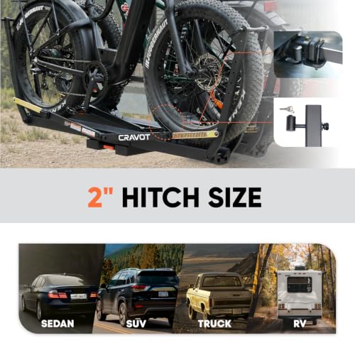 Image of CRAVOT Ebike Racks for 2 Bikes Tow Hitch, Tire Clamp Rack Bike Carrier | Heavy-Duty Haul Ebike Rack with 2 Tray Arms Lock, 200lbs Capacity Fits Fat Tire Bicycle, for Car, SUV with 2 inch Receiver