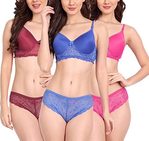 Image of FIMS - Fashion is my style Women Cotton Floral Lace Padded, Non-Wired, Full Coverage, Seamless Bra Panty Set, Multicolor, Lingerie Set