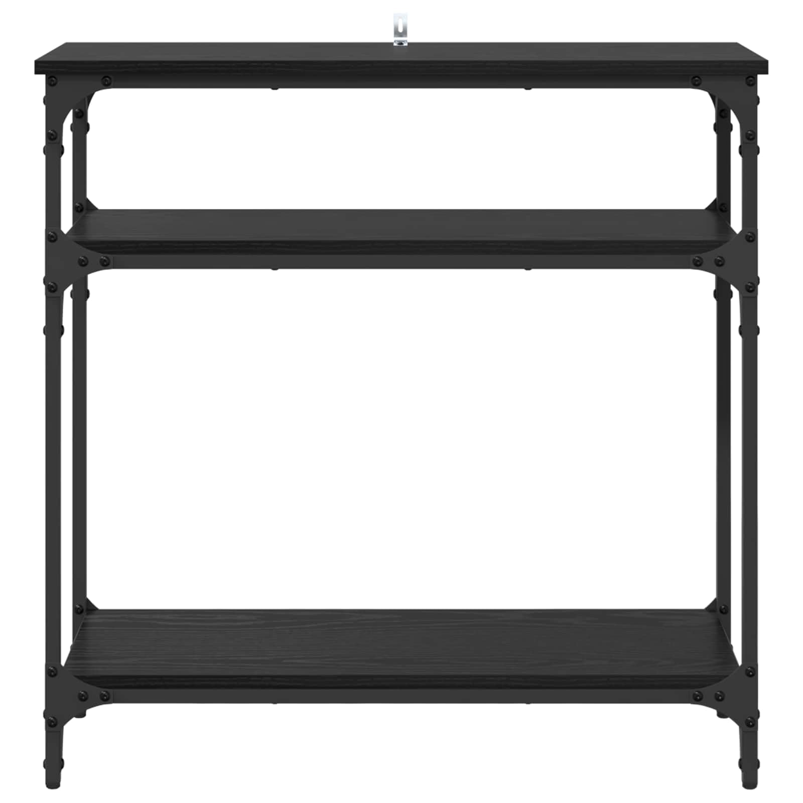 Stolik konsolowy z regałem w kolorze czarnym o wyglądzie dębu, wykonany z materiału drewnopochodnego i metalu, 75 x 29 x 75 cm, zajmuje mało miejsca do przechowywania, nowoczesny do salonu