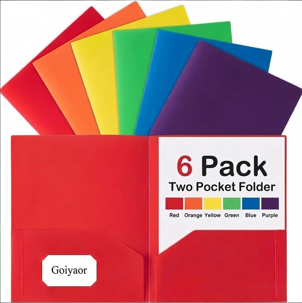 6 Pack Plastic Folders with Pockets, 6 Assorted Colors