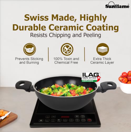 Image of Sunflame Ceramic Non-Stick Kadhai 24 cm with Glass Lid | No PFOA, PFAS, PTFE | Induction and Gas Stove Compatible | 2 Year Warranty by Sunflame | Requires Less Oil, Easy to Clean, Prevents Burning