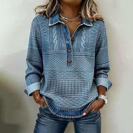 Womens Lounge Long Sleeve Pullover Top Denim Collar Button Front Patchwork Casual Loose Fit Blouse Daily Wear - Image 2