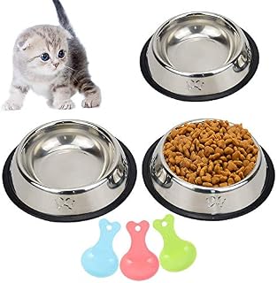 TSKDKIT 3 Pack Cat Bowl Stainless Steel Cat Food Bowls with Scoops Non-slip Cat Feeding Bowls Cat Water Bowls Metal Pet Bowl for Cat, Kitten, Dog, Puppy