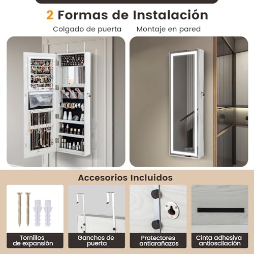 Armario para joyas espejo led de pared y puerta con llave 7