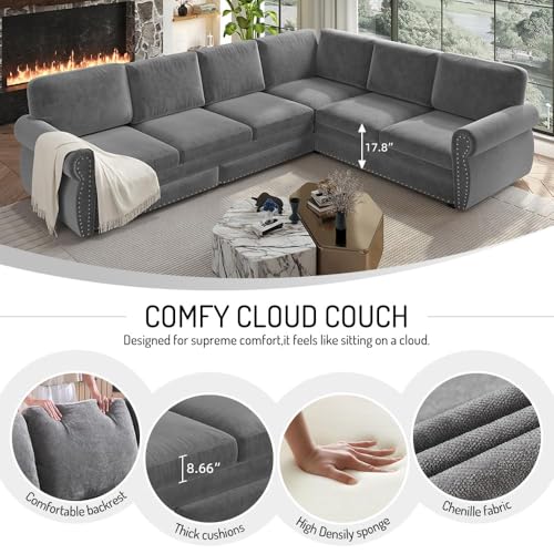 Image of KCGKCG 118 inch Sleeper Sofa Bed, Sectional Couches for Living Room /Apartment, Chenille L Shaped Couch with Pull Out Couch Bed, Convertible Sectional Sofa with Rolled Arm & Nailhead Trim, Light Grey