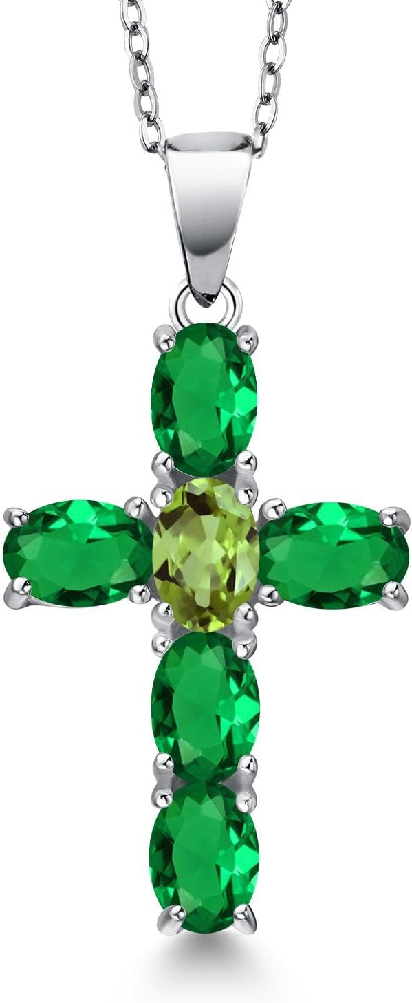 Gem Stone King 925 Sterling Silver Green Nano Emerald and Green Peridot Cross Pendant Necklace for Women | 2.50 Cttw | Gemstone May Birthstone | Oval 6X4MM | With 18 Inch Chain