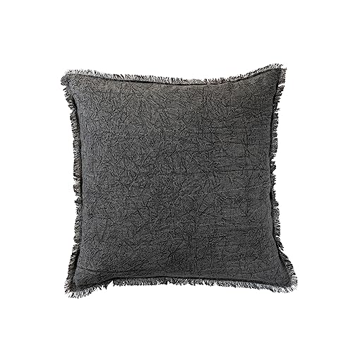 Creative Co-Op Square Stonewashed Linen Pillow with Fringe, Charcoal