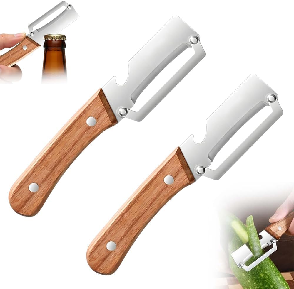Éplucheur de Légumes 2-en-1 avec Manche en Bois – Couteau Éplucheur Multifonction en Acier Inoxydable avec Ouvre-Bouteille, Outil de Cuisine Ergonomique et Antidérapant (2PCS) - 1