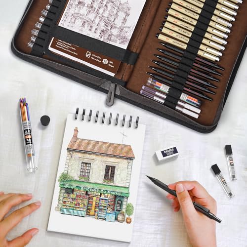 Image of Nicpro 58 Piece Drawing Set in Leather Case, MP1000 Mechanical Pencil Set Black Metal with Drawing Pencil 0.5, 0.7, 0.9 and 2 mm, 12 Micron Pen, Sketchbook, 30 Leads for Sketching