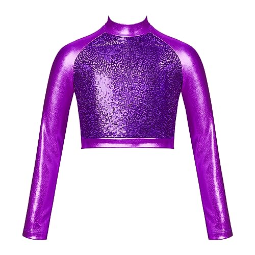 JanJean Girls Metallic Long Sleeve Dance Crop Tops Kids Mock Neck Athletic Tops Hip Hop Jazz Gymnastics Ballet Dancewear Purple 6 Years