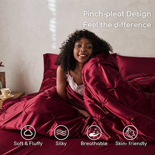 MR&HM Satin Comforter Twin 5 Pieces - Luxurious Pinch Pleat Bedding Set with Comforter, Flat Sheet, Fitted Sheet, Pillowcase & Sham, Super Silky Soft Bed Set for All Season (Twin, Burgundy)