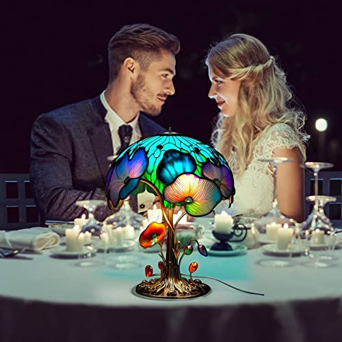 Saingace Painting Glass Mushroom Table Lamp, Stained Glass Plant Series Night Light, Vintage Table Lamp, Resin Mushroom Decorative Bedside Lamp For Bedroom Living Room Home Office Decor Gift (B) #TOP4