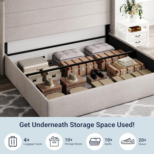 Image of Allewie King Size Lift Up Storage Bed, Modern Wingback Headboard, Hydraulic Support, No Box Spring Needed, Light Beige