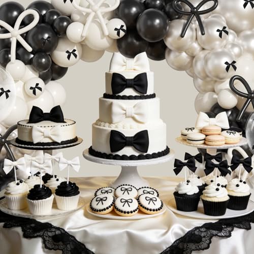 Image of JOGAMS 199Pcs Black and White Balloons Arch Garland Kit, Black Bow Party Decorations with 260 Clear Ribbon Pearl White Balloons for Bow Coquette Birthday Decorations Bachelor Baby Shower Bridal Shower