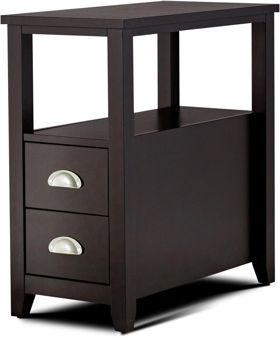 Amazon.co.jp CASART ナローベッドサイドテーブル 木製 ナイトスタンド ソファサイドテーブル 棚&引き出し2個付き 2段