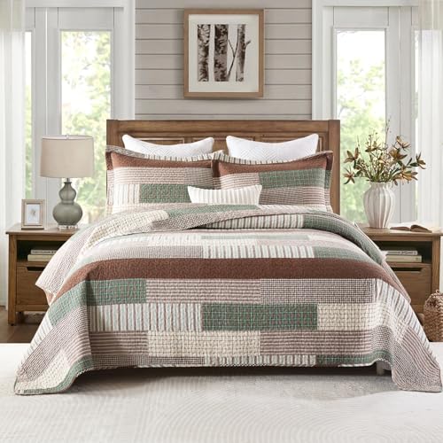 Edredón patchwork King de algodón Uniclinens en marrón y verde para cama elegante 2