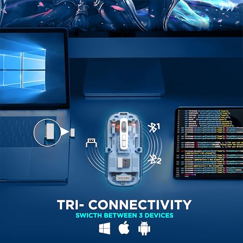 Image of iVOOMi Opaque Blue Rechargeable Wireless Mouse, Dual Mode (2.4GHz + BT), Dual Bluetooth, Silent Operation, Transparent Body, RGB, Battery Indicator, Compatible with Win /Mac /Linux /Android