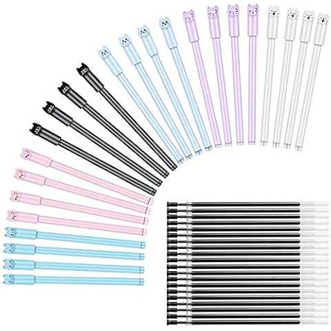HOSTK 44PCS Ballpoint Pens Set, Including 24PCS Cute Cat Gel Pens Black Ball Point Pens + 20PCS Gel Black Ink Replace Refill, 0.5mm Gel Ink Rollerball Pens for School Office Supplies Cover
