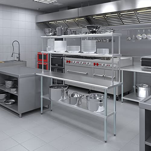 Image of AmGood Stainless Steel Work Table with 12 inch Wide Double Tier Overshelf | Metal Kitchen Prep Table & Shelving Combo | NSF (Stainless Steel Table with Double Overshelves, 72 inch Long x 18 inch Deep)